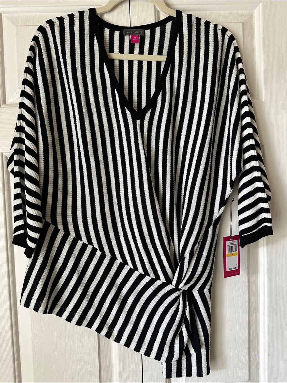 Vince Camuto Black and White Striped Twist-Front V-Neck Tunic